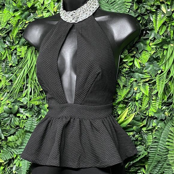 San Joy Tops - SAN JOY Tops Women Medium‎ Black Peplum Blouse High Neck Open Back 2518